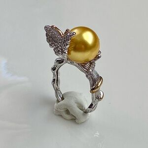 R25- Premium Round Deep Gold South Sea Pearl 11.8 mm s925 Butterfly Ring